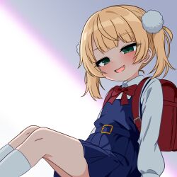  1girl absurdres backpack bag blonde_hair blue_overalls blue_shirt blue_skirt blush bow bowtie collared_shirt commentary english_commentary fang green_eyes hair_ornament hanakaji_(yuuchanto) highres indie_virtual_youtuber looking_at_viewer medium_hair open_mouth overalls pom_pom_(clothes) pom_pom_hair_ornament randoseru red_bag red_bow red_bowtie shigure_ui_(vtuber) shigure_ui_(young)_(vtuber) shirt skin_fang skirt socks solo virtual_youtuber white_shirt white_socks 