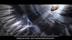  1other bilingual_text black_gloves black_pants chinese_text clock coat commentary dante_(limbus_company) english_text falling fire gloves highres imminent_death letterboxed limbus_company mixed-language_text momoatls object_head pants project_moon red_coat solo spikes wide_shot 