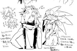  2boys beast_king_(sekaiju) beast_king_3_(sekaiju) closed_eyes closed_mouth collarbone commentary_request gloves hair_over_one_eye hand_on_own_hip haruyasai_(sanbunno) jewelry long_hair male_focus mask messy_hair multiple_boys multiple_views necklace one_eye_covered open_mouth sekaiju_no_meikyuu sekaiju_no_meikyuu_3 sleeveless smile split_mouth translation_request upper_body warrior_(sekaiju) warrior_3_(sekaiju) white_background 