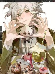  1girl art_program_in_frame blush chain chain_necklace character_doll collar danganronpa_(series) danganronpa_2:_goodbye_despair dessert doll drink food green_eyes green_jacket heart heart_hands highres jacket jewelry kiyoshi_st komaeda_nagito male_focus messy_hair necklace open_clothes open_jacket print_shirt shirt solo white_hair white_shirt 