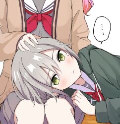  2girls arm_at_side blush brown_cardigan cardigan closed_mouth commentary_request dot_nose drawstring green_eyes green_jacket grey_hair grey_serafuku grey_shirt hair_between_eyes hand_up head_out_of_frame headpat highres hinomori_shiho hood hood_down hooded_jacket jacket kapu_pjs lap_pillow long_hair long_sleeves looking_at_viewer miyamasuzaka_girls'_academy_school_uniform multiple_girls neckerchief open_cardigan open_clothes pink_hair pleated_skirt project_sekai red_neckerchief sailor_collar school_uniform serafuku shirt short_hair sidelocks simple_background skirt speech_bubble striped_blush tenma_saki white_background white_sailor_collar 