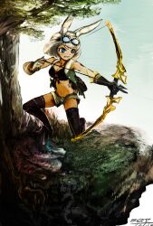  1girl aiming animal_ears arrow_(projectile) black_boots blue_eyes boots bow_(weapon) commentary_request fanny_pack gloves goggles goggles_on_head green_shorts green_vest highres hound_(sekaiju) hound_2_(sekaiju) medium_hair on_one_knee pack rabbit_ears sekaiju_no_meikyuu sekaiju_no_meikyuu_5 shorts toritoma_(sweetandsour) tree vest weapon white_hair wolf 