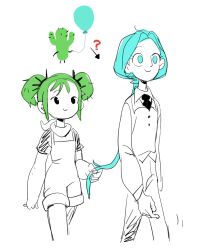  1boy 1girl alan_keane arrcticc_fish balloon blue_hair carmen_verde green_hair highres humanization long_hair looking_at_viewer necktie pants partially_colored shirt short_hair short_twintails simple_background smile the_amazing_world_of_gumball twintails white_background 