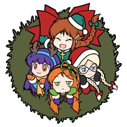  4girls :3 ahoge antlers bags_under_eyes black_gloves blonde_hair blue_eyes blue_hair blush braid braided_ponytail brown_hair chibi christ-chan christianity christmas christmas_wreath closed_eyes collar cross cross_necklace drawfag dress erika_polina freckles gilda_mars glasses gloves green_dress green_eyes green_gloves green_hat green_ribbon hair_ornament hairclip hand_up hands_on_own_face hat highres holly horns jewelry long_hair multiple_girls necklace non-web_source open_mouth orange_eyes orange_gloves orange_hair original raised_eyebrows red_ribbon reindeer_antlers ribbon santa_hat scarf single_braid smile twin_braids vivian_james white_sleeves wreath yellow_scarf 