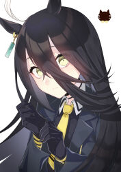  1girl absurdres adjusting_clothes adjusting_gloves ahoge animal_ears black_choker black_coat black_gloves black_hair black_shirt blush choker closed_mouth coat collared_shirt ear_tag earrings gloves hair_between_eyes highres horse_ears horse_girl jewelry long_hair long_hair_between_eyes long_sleeves manhattan_cafe_(creeping_shadow)_(umamusume) manhattan_cafe_(umamusume) multicolored_hair necktie shirt single_earring solo tsuki_no_minato umamusume upper_body white_hair yellow_eyes yellow_necktie 