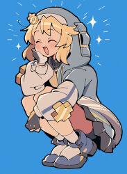  1boy androgyne_symbol black_gloves blonde_hair blue_background blue_jacket blue_shoes blush bridget_(guilty_gear) closed_eyes commentary_request fingerless_gloves full_body gloves guilty_gear guilty_gear_strive head_rest hood hood_up hooded_jacket itsuka_neru jacket long_sleeves male_focus open_clothes open_jacket open_mouth shoes short_hair simple_background smile solo sparkle squatting trap 