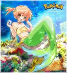  bandeau blush bubble collar head_wreath jewelry kasumi_(pokemon) logo mermaid midriff monster_girl navel pearl pokemon scales side_ponytail title_drop tubetop underwater 