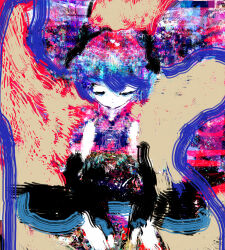  1girl abstract abstract_background absurdres blue_hair closed_eyes closed_mouth commentary_request cowboy_shot facing_ahead facing_viewer floating_hair hatsune_miku highres hilty solo twintails vocaloid 