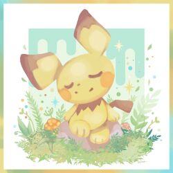  border closed_eyes closed_mouth facing_viewer full_body grass highres multicolored_border mushroom no_humans on_rock outdoors pichu pokemon pokemon_(creature) sitting solo yonayon 