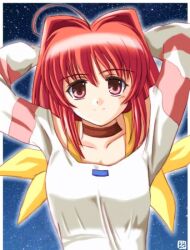 1girl 2000s_(style) ahoge arms_behind_head bad_id blue_background blush brown_choker choker closed_mouth commentary_request hair_intakes hana_(hana_mo_arashi_mo) kagami_sumika long_hair long_sleeves looking_at_viewer lowres muv-luv muvluv pink_eyes red_hair shirt smile solo upper_body white_shirt
