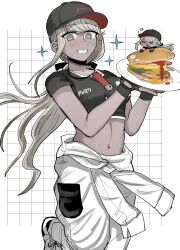  >_< 1girl :d baseball_cap black_gloves black_ribbon blush bodysuit bodysuit_around_waist breasts burger chibi commentary_request crop_top dark-skinned_female dark_skin food gloves grey_eyes grey_hair grin hair_ribbon happy hat highres holding holding_plate jewelry kawana_tsubasa large_breasts long_hair looking_at_viewer low_ponytail mini_person mole mole_under_mouth muro_(nrvc5252) musical_note navel necklace on_food partially_fingerless_gloves plate ponytail ribbon shirt shoes short_sleeves simple_background smile sneakers solo sparkle sparkling_aura standing standing_on_one_leg stomach t-shirt the_hundred_line_-last_defense_academy- very_long_hair white_bodysuit xd 