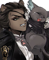  1boy 1other 7skk animal_ears black_jacket brown_hair cat chibikemo clenched_teeth commentary_request dark-skinned_male dark_skin eyepatch furrowed_brow furry green_eyes grim_(twisted_wonderland) highres jacket leona_kingscholar leona_kingscholar_(nightmare_suit) lion_boy lion_ears long_hair looking_at_another pushing_away simple_background teeth twisted_wonderland upper_body white_background 