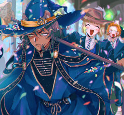  3boys 7skk animal_ears birthday_bloom blue_robe braid broom brown_hair cater_diamond commentary_request confetti dark-skinned_male dark_skin ears_through_headwear green_eyes hat highres holding holding_broom indoors leona_kingscholar lion_boy lion_ears male_focus multiple_boys night_raven_college_school_uniform robe rook_hunt scar scar_across_eye scar_on_face school_uniform twin_braids twisted_wonderland upper_body witch_hat 