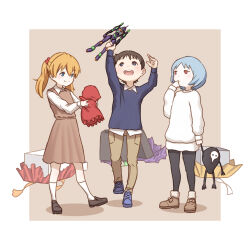  1boy 2girls absurdres aged_down angel_(evangelion) arm_up ayanami_rei blue_boots blue_hair blue_sweater boots border box brown_background brown_dress brown_hair brown_pants child christmas commentary doll dress english_commentary eva_01 evangelion_(mecha) finger_in_own_mouth full_body gift gift_box highres holding holding_doll holding_toy ikari_shinji ka_ki_o loafers long_hair mecha mixed-language_commentary multiple_girls neon_genesis_evangelion open_mouth orange_hair outside_border pants red_eyes robot sachiel_(evangelion) shadow shirt shoes short_hair smile socks souryuu_asuka_langley standing sweater teeth toy twintails upper_teeth_only white_border white_shirt white_socks white_sweater 