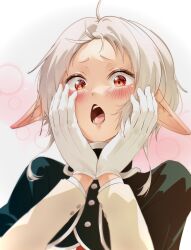 1girl ahoge blush capelet cloak commentary_request ear_blush elf gloves green_capelet green_cloak hands_on_own_face highres hoshiniku long_pointy_ears looking_at_viewer mushoku_tensei open_mouth pointy_ears ranoa_magic_academy_school_uniform red_eyes school_uniform short_hair simple_background solo surprised sylphiette_(mushoku_tensei) white_background white_gloves white_hair 