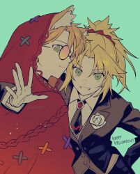  1boy 1girl absurdres animal_ear_fluff animal_ears ascot black_necktie black_tailcoat blonde_hair boutonniere capelet closed_mouth collared_shirt commentary crossdressing crossdressing_(ftm) curtained_hair english_text fate/grand_order fate_(series) flower glasses gloves green_background green_eyes grey_vest grin hair_ornament hair_scrunchie happy_halloween henry_jekyll_(fate) henry_jekyll_(halloween_2026)_(fate) high_ponytail highres hood hood_up hooded_capelet jekyll_and_hyde_(fate) long_sleeves looking_at_viewer mordred_(fate) mordred_(formal_dress)_(fate) necktie parted_bangs ponytail red_capelet red_scrunchie rose round_eyewear scrunchie shirt simple_background smile tailcoat tinted_eyewear twitter_username vest white_flower white_gloves white_rose white_shirt wolf_boy wolf_ears wolf_ggwin yellow-tinted_eyewear 