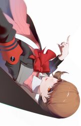  1girl aa3969544692249 absurdres armband black_jacket bow bowtie brown_eyes brown_hair cardigan closed_mouth commentary_request flipped_hair gekkoukan_high_school_uniform highres jacket korean_commentary lips looking_at_viewer open_clothes open_jacket persona persona_3 persona_3_reload pink_cardigan pink_lips red_armband red_bow red_bowtie ribbed_cardigan school_uniform shirt short_hair smile solo takeba_yukari upper_body white_background white_shirt wing_collar 