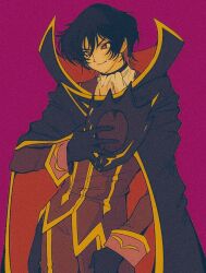  1boy arm_up ascot black_cape black_gloves black_hair black_jacket cape closed_mouth code_geass collared_cape contrapposto cowboy_shot film_grain gloves grey_pants hair_behind_ear hand_on_own_chest heavy_film_grain jacket lelouch_vi_britannia long_sleeves male_focus mystical_high_collar pants pikurusu purple_background red_cape short_hair simple_background sleeve_cuffs smile solo two-sided_cape two-sided_fabric very_short_hair violet_eyes white_ascot yellow_trim 