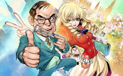  1boy 1girl akuyaku_reijou_tensei_ojisan aqua_vest ascot balding blonde_hair blue_pants blue_suit boichi breasts brooch chibi cityscape commentary_request drill_hair dual_persona flower grace_auvergne green_eyes hair_between_eyes hand_fan holding holding_fan holding_suitcase jacket jewelry large_breasts lips long_hair looking_at_viewer necktie open_mouth pants paper paper_fan purple_ascot red_jacket salaryman school_uniform shirt skirt smile suit suitcase teeth thumbs_up tondabayashi_kenzaburou upper_teeth_only v vest watch watch white_shirt white_skirt yellow_necktie 
