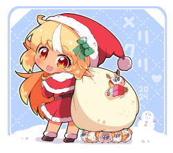  :d blonde_hair blue_background blush capelet chibi chibi_only christmas commentary_request dark-skinned_female dark_skin dress elfriend_(shiranui_flare) from_behind full_body fur-trimmed_capelet fur-trimmed_dress fur_trim gift hat holding holding_sack hololive long_hair looking_at_viewer looking_back multicolored_hair nokiri open_mouth orange_eyes pointy_ears raised_eyebrows red_capelet red_hat sack santa_costume santa_dress santa_hat shiranui_flare smile streaked_hair virtual_youtuber white_streaks 