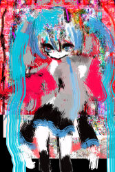  1girl abstract abstract_background absurdres black_skirt blue_eyes blue_hair closed_mouth commentary_request cowboy_shot grey_shirt hatsune_miku highres hilty long_hair looking_ahead looking_at_viewer miniskirt shirt skirt solo twintails vocaloid 
