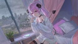  1girl :o bed bedroom black_horns black_thighhighs blowing_steam cellphone commission condensation cowboy_shot cup curled_horns curtains glass_writing hair_between_eyes highres holding holding_cup horns indoors long_hair looking_at_viewer original overcast phone pillow pink_eyes pink_hair plant ponytail potted_plant rain shirt shirt_slip single_bare_shoulder sky smartphone solo thigh-highs thigh_strap water_on_glass white_shirt window xjsbca 