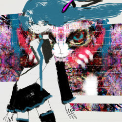  1girl abstract_background absurdres black_skirt black_sleeves blue_eyes blue_hair commentary_request cowboy_shot detached_sleeves double_exposure floating_hair hatsune_miku highres hilty looking_at_viewer open_mouth skirt vocaloid 
