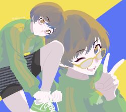  1girl artist_name black_shorts brown_hair closed_mouth donjimq green_jacket green_shoes highres jacket long_sleeves looking_at_viewer one_eye_closed open_mouth persona persona_4 satonaka_chie school_uniform shoes short_hair shorts shorts_under_skirt skirt socks solo tying_footwear v white_socks yasogami_school_uniform yellow-framed_eyewear 