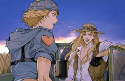  2boys alternate_costume beanie black_gloves blonde_hair blue_eyes blue_hoodie blue_lips blue_sky brown_hat brown_vest collared_shirt cowboy_hat cup gloves goggles goggles_on_headwear green_eyes green_lips grill gyro_zeppeli hat heart highres holding holding_cup hood hood_down hoodie horseshoe_hat_ornament horseshoe_ornament johnny_joestar jojo_no_kimyou_na_bouken lipstick long_hair looking_at_another makeup male_focus medium_hair motor_vehicle multiple_boys outdoors partially_unbuttoned shirt sky sleeves_rolled_up star_(symbol) steel_ball_run steering_wheel teeth truck vest wheat white_shirt xing_wei_(likin000) 
