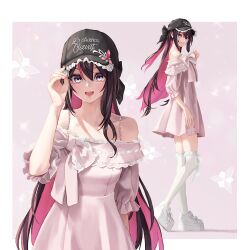  1girl adjusting_clothes adjusting_headwear alternate_costume asymmetrical_sidelocks azki_(hololive) bare_shoulders baseball_cap black_hat bow breasts brown_hair colored_inner_hair double-parted_bangs dress frilled_hat frilled_thighhighs frills from_side grin hair_between_eyes half_updo hat highres holding holding_bow_(ornament) hololive lipstick long_hair looking_at_viewer makeup makino_hazuki_(s001_hazuki) medium_breasts mole mole_under_eye multicolored_hair multiple_views off-shoulder_dress off_shoulder open_mouth pink_background pink_dress pink_hair pink_streaks platform_shoes ponytail raised_eyebrows shoes short_dress short_ponytail sidelocks simple_background smile sneakers straight-on streaked_hair thigh-highs three-quarter_sleeves very_long_hair violet_eyes virtual_youtuber white_shoes white_streaks white_thighhighs 