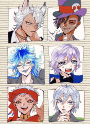  6+boys 7skk absurdres animal_ears black_hair blue_hair commentary_request dreadlocks epel_felmier fiery_hair hat highres idia_shroud jack_howl kalim_al-asim male_focus multiple_boys portrait purple_hair sam_(twisted_wonderland) silver_vanrouge striped_background top_hat twisted_wonderland white_hair wolf_boy wolf_ears yellow_background 