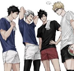  ... 4boys akaashi_keiji arms_behind_head arms_up black-framed_eyewear black_hair black_shirt black_shorts blonde_hair blue_shirt bokuto_koutarou closed_mouth from_below glasses haikyuu!! hand_on_own_hip highres kuroo_tetsurou male_focus multiple_boys open_mouth red_shorts shirt short_hair shorts simple_background spoken_ellipsis sso_s standing t-shirt towel towel_on_one_shoulder tsukishima_kei white_background white_hair white_shirt white_shorts 