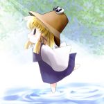  chibi hat highres moriya_suwako o_o ribbon standing_on_one_leg sunlight touhou yume_shokunin 