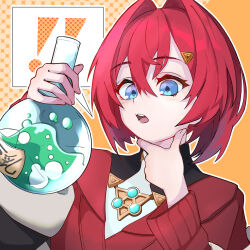  ! !! 1girl ange_katrina ange_katrina_(1st_costume) bebebe_skull blue_eyes cardigan commentary_request flask hair_between_eyes hair_intakes hair_ornament hairclip hand_on_own_chin hands_up highres holding holding_flask long_sleeves looking_at_object medium_hair nijisanji open_mouth orange_background outline portrait red_cardigan red_hair round-bottom_flask solo stroking_own_chin triangle_hair_ornament virtual_youtuber white_outline 