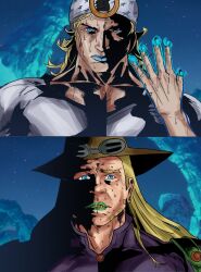  2boys blonde_hair blue_eyes blue_lips glowing green_lips gyro_zeppeli highres horse_print horseshoe horseshoe_hat_ornament horseshoe_ornament johnny_joestar jojo_no_kimyou_na_bouken male_focus meme multiple_boys multiple_girls muscular muscular_male parody star_(symbol) star_print steel_ball_run torious 