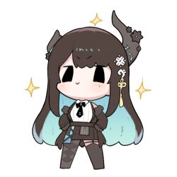  1girl :> black_eyes black_necktie black_skirt black_thighhighs blush brown_hair chibi chibi_only closed_mouth colored_inner_hair commentary full_body green_hair hands_on_own_hips hololive hololive_english horns long_hair looking_at_viewer mole mole_under_eye multicolored_hair necktie nerissa_ravencroft no_shoes sidelocks simple_background skirt smile snowmya solo sparkle standing thigh-highs v-shaped_eyebrows very_long_hair virtual_youtuber white_background 