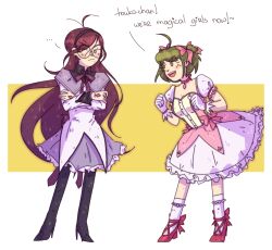 2girls akemi_homura akemi_homura_(magical_girl) alternate_costume alternate_hairstyle antenna_hair black_boots black_hairband blush boots bow character_name chest_jewel clenched_hands closed_mouth commentary crossed_arms danganronpa_(series) danganronpa_another_episode:_ultra_despair_girls dress english_commentary english_text eyelashes fukawa_toko full_body gem glasses gloves green_eyes green_hair hair_between_eyes hair_bow hairband hand_jewel high_heel_boots high_heels kaname_madoka kaname_madoka_(magical_girl) legs_apart lily_(superkiiisa) long_hair long_sleeves magical_girl mahou_shoujo_madoka_magica mahou_shoujo_madoka_magica_(anime) mole mole_under_mouth multiple_girls multiple_hair_bows naegi_komaru no_sclera open_mouth pantyhose pink_bow pink_dress pink_gem puffy_short_sleeves puffy_sleeves purple_eyes purple_gem purple_hair red_shoes round_eyewear shoes short_hair short_sleeves smile socks soul_gem_(madoka_magica) standing teeth two_side_up upper_teeth_only very_long_hair white_gloves white_socks