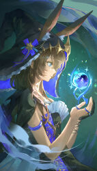  1girl absurdres ambience_synesthesia amiya_(arknights) amiya_(medic)_(arknights) amiya_(medic)_(solo_around_the_world)_(arknights) animal_ear_fluff animal_ears apple arknights armlet black_cape black_dress black_gloves black_hat blue_apple blue_eyes blue_hat cape commentary cupping_hands dress ears_through_headwear food frilled_hat frills fruit gloves hat highres jewelry magic multiple_rings official_alternate_costume own_hands_together profile ring single_glove solo two-sided_fabric two-sided_headwear untranslatable_commentary upper_body witch_hat yinhepongpong 