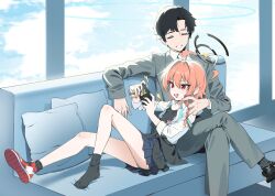  1boy 1girl ahoge bandaid bandaid_on_knee bandaid_on_leg black_hair black_halo black_shoes black_socks blue_archive blush braid cellphone clothes_around_waist clouds cloudy_sky commentary couch floral_print floral_print_shirt grey_pants grey_suit hair_between_eyes halo highres holding huge_ahoge jacket jacket_around_waist jjigong_chigon lying_on_another mole mole_under_each_eye mole_under_eye multiple_moles neck_ribbon necktie neru_(blue_archive) neru_(school_uniform)_(blue_archive) official_alternate_costume open_mouth pants phone pillow playing_games print_shirt red_eyes red_shoes ribbon sensei_(blue_archive) shirt shoes short_hair single_braid single_shoe skirt sky smartphone smile socks suit tag undone_neck_ribbon untied_ribbon untranslatable_commentary white_shirt window 