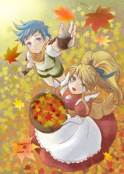  1boy 1girl :d apron arm_up autumn_leaves basket blonde_hair blue_eyes blue_hair blue_ribbon breath_of_fire breath_of_fire_iii brown_gloves brown_shoes closed_mouth commentary dated dress elbow_gloves fingerless_gloves gloves green_eyes hair_ribbon highres holding holding_basket leaf long_hair looking_up maple_leaf maruno nina_(breath_of_fire_iii) open_mouth outstretched_arm ponytail red_dress ribbon ryu_(breath_of_fire_iii) shoes smile standing untranslatable_commentary waist_apron white_apron white_gloves 