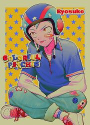  1boy absurdres aqua_hair arrow_through_heart bandaid bandaid_on_face blue_shirt character_name colorful_psychic commentary_request constricted_pupils denim faux_retro_artstyle heart helmet highres indian_style jeans layered_shirt layered_sleeves long_sleeves menma_(enaic31) motorcycle_helmet orange_eyes original pants rocket_ship ryosuke_(enaic31) saturn_(planet) shirt shoes short_hair short_over_long_sleeves short_sleeves sitting sneakers socks solo spacecraft star_(symbol) sticker sticker_on_face tongue tongue_out white_shoes white_socks x_x 