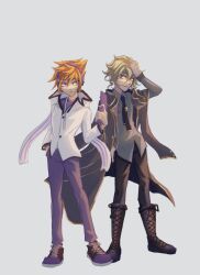  2boys black_boots blue_eyes boots cellphone cosplay devil_survivor_(series) devil_survivor_2 flip_phone full_body grey_background highres holding holding_phone hood hoodie houtsuin_yamato houtsuin_yamato_(cosplay) kiryu_yoshiya looking_at_another multiple_boys noct2aa orange_hair pants phone protagonist_(devil_survivor_2) protagonist_(devil_survivor_2)_(cosplay) purple_pants sakuraba_neku short_hair simple_background subarashiki_kono_sekai white_hoodie 