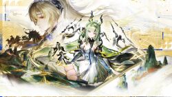  2boys 2girls absurdres argent_flow_(arknights) arknights arknights:_endfield bare_shoulders bead_bracelet beads black_coat black_hair black_horse black_pantyhose black_streaks blonde_hair blue_eyes blue_hands blue_headband blue_socks bracelet breasts coat curtained_hair detached_sleeves double_bun dragon_girl dragon_horns dragon_tail dress eastern_dragon_horns eastern_dragon_tail elevation_contour_lines endministrator_(arknights) female_endministrator_(arknights) from_above green_hair grey_dress hair_beads hair_bun hair_ornament hairband headband high_ponytail highres hood hood_down hooded_coat horns jewelry kneehighs long_hair looking_at_viewer male_endministrator_(arknights) mole mole_on_cheek mountain multicolored_hair multiple_boys multiple_girls no_mask official_art open_clothes open_coat outstretched_arms pantyhose pointy_ears ponytail second-party_source short_hair si_(arknights) sidelocks sitting small_breasts smile socks solo_focus spread_arms streaked_hair sweater tail tassel tassel_hair_ornament very_long_hair very_low_bun wariza white_sweater 