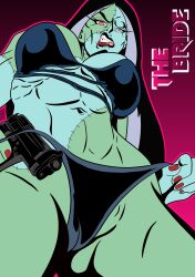  1girl abs absurdres alternate_breast_size_(larger) biceps big_hair bikini black_bikini black_hair blue_skin breasts bride_(dc) colored_skin creature_commandos dc_comics frankenstein's_monster_costume green_skin grey_skin gun halloween handgun happy_halloween highres holding holding_gun holding_weapon huge_breasts large_breasts lipstick long_hair makeup mature_female multicolored_skin muscular muscular_arms muscular_female navel non-web_source open_mouth patchwork_skin red_eyes red_lips revolver scar shin_art69 solo stitched_arm stitched_face stitched_fingers stitched_leg stitched_neck stitched_torso stitches stomach swimsuit thighs toned toned_female two-tone_skin undead weapon white_hair zombie 