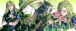  1boy ball blonde_hair bridal_gauntlets brown_pants closed_mouth cowboy_hat goggles goggles_on_headwear gradient_background green_eyes green_lips green_nails grill gyro_zeppeli hat highres holding holding_ball holding_stuffed_toy jojo_no_kimyou_na_bouken lipstick long_hair looking_at_viewer makeup male_focus multiple_views nail_polish open_mouth pants parrotwashhead purple_bridal_gauntlets purple_shirt shirt short_sleeves simple_background solo steel_ball_(jojo) steel_ball_run stuffed_animal stuffed_toy teddy_bear 