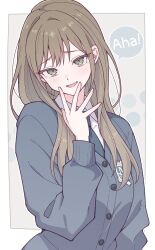  1girl bang_dream! bang_dream!_our_notes blush border brown_hair cardigan commentary e20 green_eyes grey_cardigan hand_up highres kotohira_nagi long_hair long_sleeves minase_school_uniform open_mouth outdoors school_uniform solo white_border 