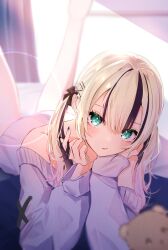  1girl aqua_eyes bare_shoulders bedroom black_hair black_streaks blonde_hair blurry blurry_background blurry_foreground blush commentary_request cross-laced_clothes cross-laced_sleeves curtains depth_of_field double-parted_bangs feet_up film_grain gradient_nails hair_ornament hairclip hand_on_own_cheek hand_on_own_face head_rest highres indoors jacket kurumi_noah kurumi_noah_(7th_costume) lens_flare long_sleeves lying medium_hair multicolored_hair multicolored_nails multiple_hairclips nail_polish off_shoulder official_alternate_costume official_alternate_hairstyle on_stomach open_mouth overexposure purple_jacket raised_eyebrows skirt solo streaked_hair stuffed_animal stuffed_toy suikun_(319n.) surprised teddy_bear the_pose twintails twirling_hair two-tone_hair virtual_youtuber vspo! white_skirt 