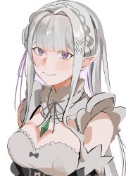  absurdres braid commentary_request crown_braid elf emilia_(re:zero) flower gem green_gem hair_flower hair_ornament hair_ribbon highres pointy_ears purple_ribbon re:zero_kara_hajimeru_isekai_seikatsu ribbon rose roswaal_mansion_maid_uniform violet_eyes white_flower white_hair white_rose x_hair_ornament yuuzakibw 