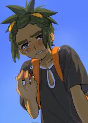  1boy bag black_shirt blue_background crying crying_with_eyes_open dark-skinned_male dark_skin fua1heyvot4ifsr green_hair grey_eyes hau_(pokemon) highres holding holding_poke_ball looking_at_viewer male_focus orange_bag poke_ball pokemon pokemon_sun_and_moon ponytail shirt short_hair short_sleeves simple_background solo tears upper_body 