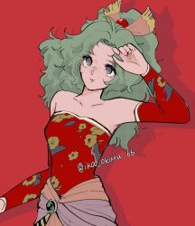  1girl bare_shoulders breasts closed_mouth commentary_request detached_sleeves dress final_fantasy final_fantasy_vi floral_print floral_print_dress green_hair hair_ribbon ika_okura_66 light_smile long_hair medium_breasts parted_bangs pink_ribbon ponytail print_dress red_background red_dress red_sleeves ribbon sash solo strapless strapless_dress terra_branford tube_dress twitter_username upper_body violet_eyes waist_sash wavy_hair 